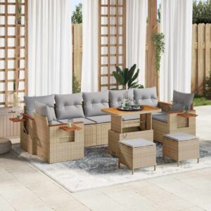 Set Divano da Giardino con cuscino 10 pcs Beige Poly Rattan