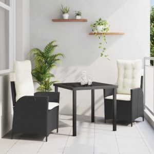 Set da Pranzo per Giardino 3 pcs Nero polyrattan