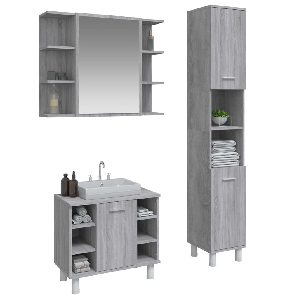 Set Mobili da Bagno 3 pz Grigio Sonoma in Legno Multistrato - immagine 3