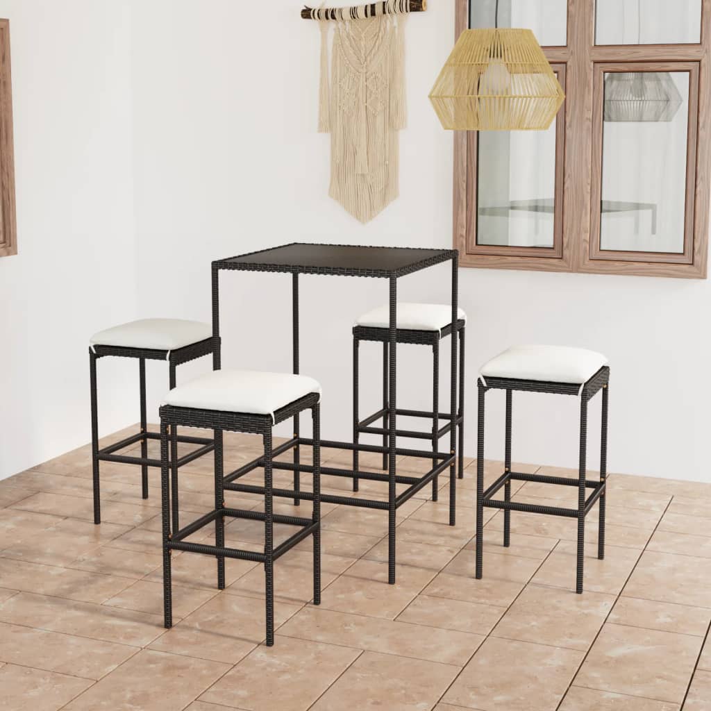 Set Bar da Giardino 5 pz con Cuscini in Polyrattan Nero
