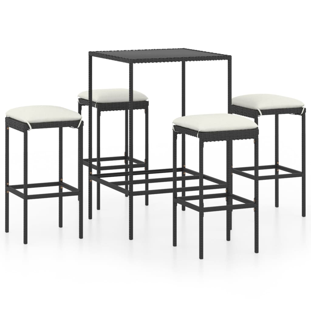 Set Bar da Giardino 5 pz con Cuscini in Polyrattan Nero - immagine 2