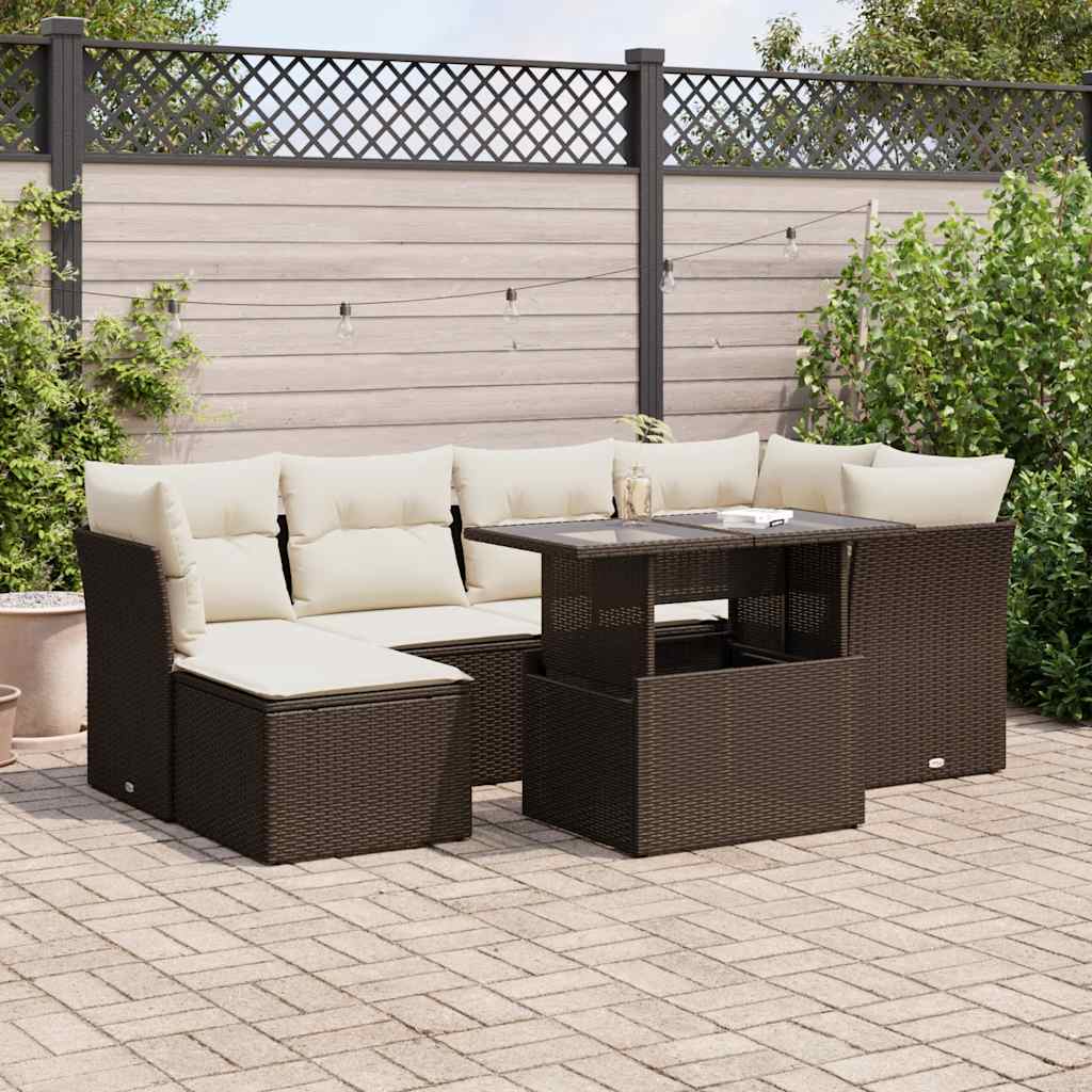 Set Divani da Giardino 7 pz con Cuscini Marrone in Polyrattan