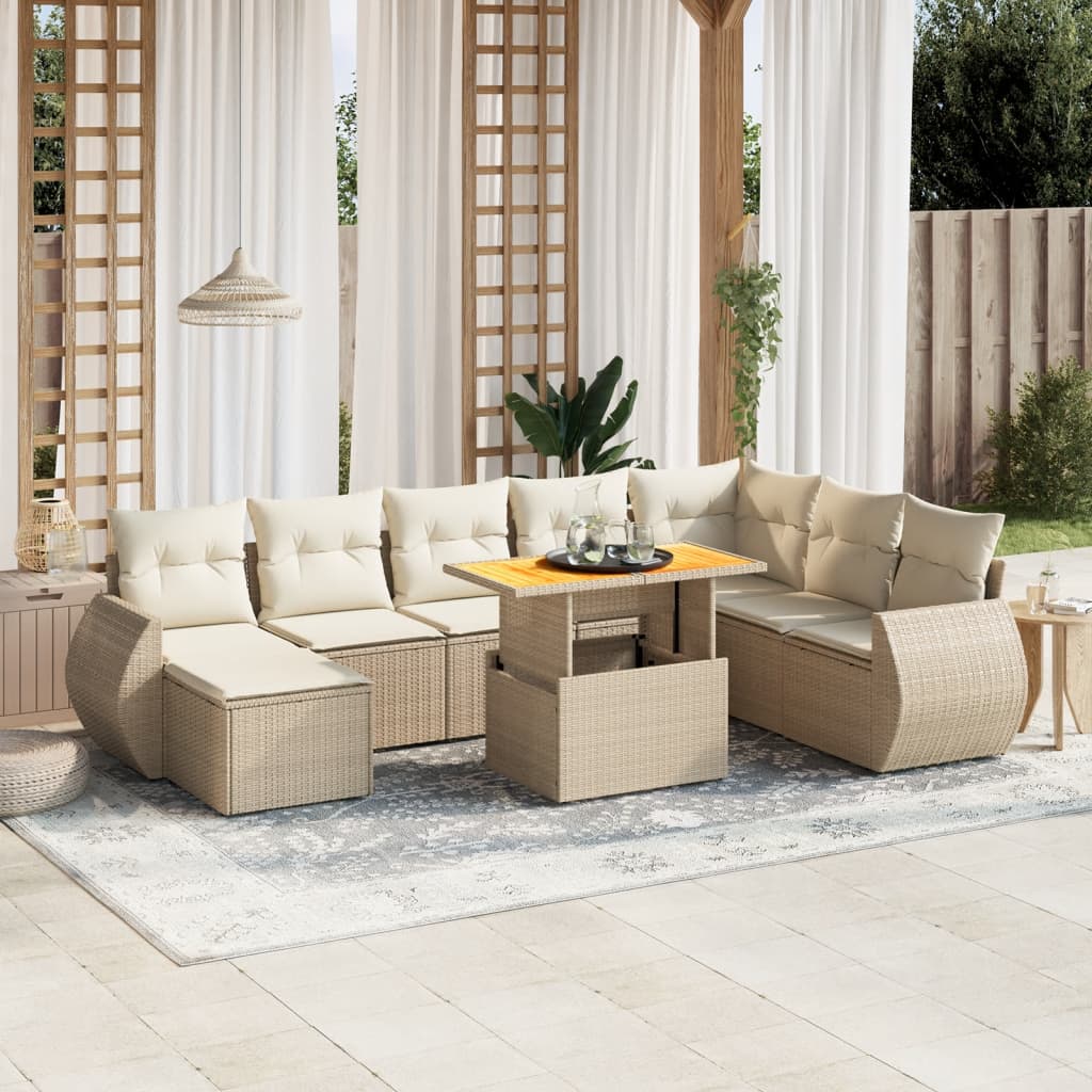 Set Divano da Giardino 9 pz con Cuscini Beige in Polyrattan