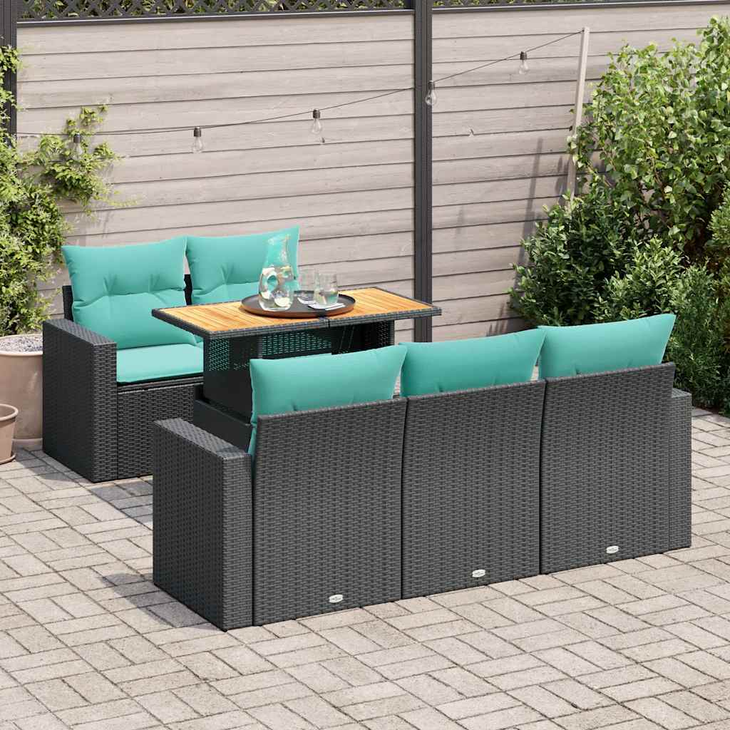 Set Divano da Giardino 6 pz con Cuscini Nero in Polyrattan