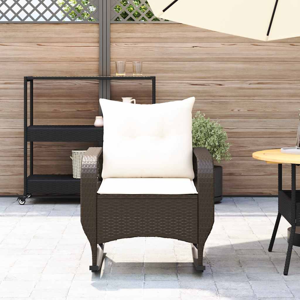 Sedia a Dondolo da Giardino con Cuscini in Polyrattan Marrone - immagine 3