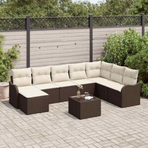 Set Divano da Giardino 9 pcs Marrone e bianco Poly Rattan