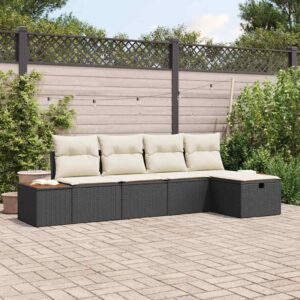 Set Divano da Giardino con cuscino 5 pcs Nero Poly Rattan