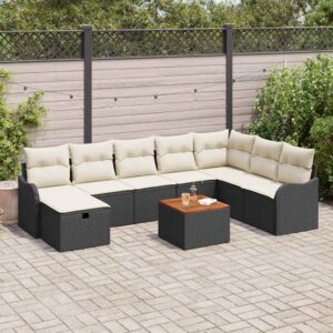 Set Divano da Giardino con cuscino 9 pcs Nero Poly Rattan