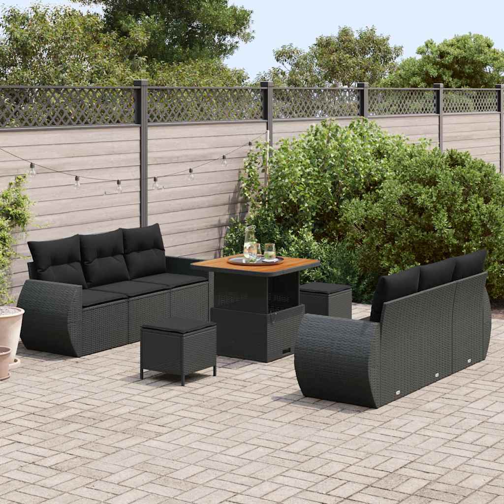 Set Divano da Giardino con cuscino 9 pcs Nero polyrattan - immagine 3