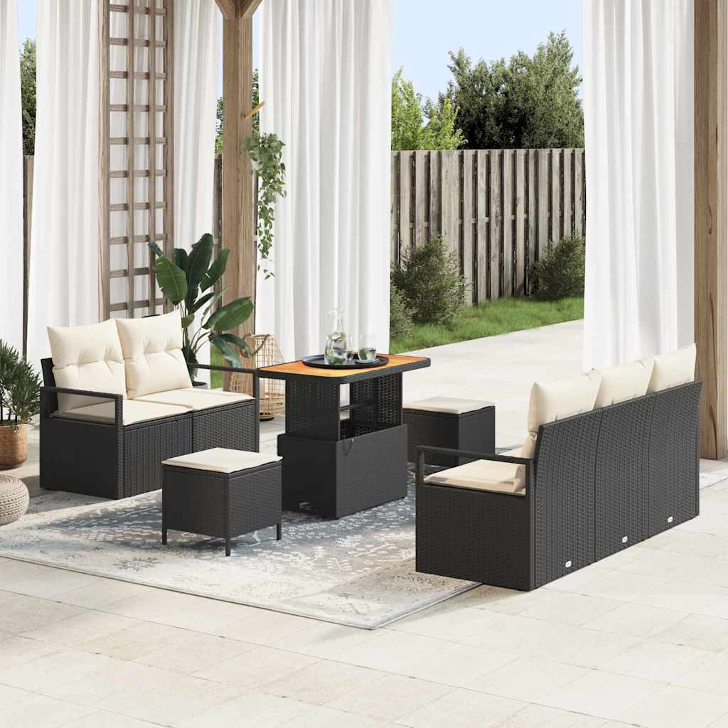 Set Divano da Giardino con cuscino 8 pcs Nero Poly Rattan