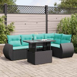 Set Divano da Giardino 6 pz con Cuscini Nero Polyrattan Acacia