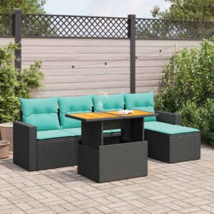 Set Divano da Giardino 6 pz con Cuscini Nero in Polyrattan