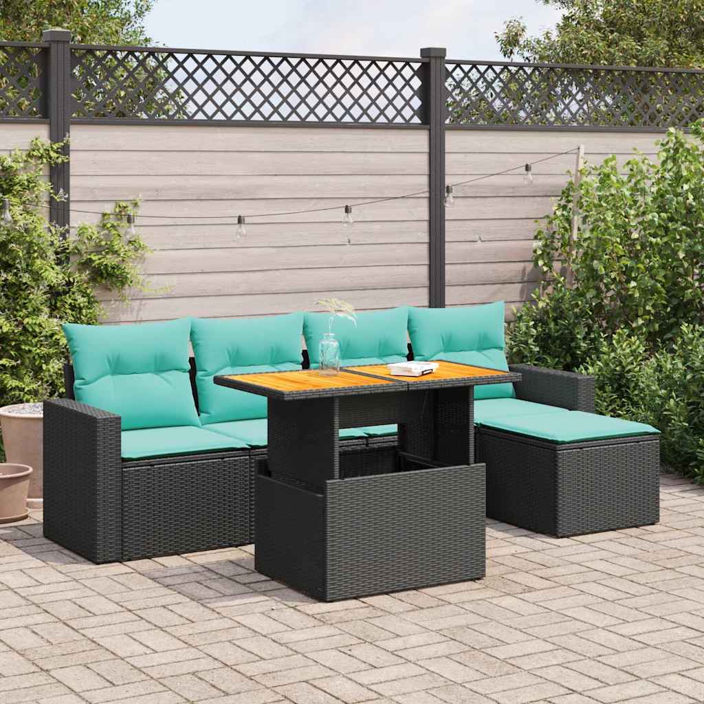 Set Divano da Giardino 6 pz con Cuscini Nero in Polyrattan