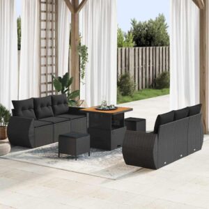 Set Divano da Giardino con cuscino 9 pcs Nero polyrattan