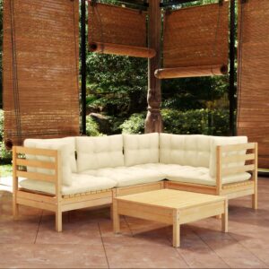 Set Salotto da Giardino 5pz con Cuscini Crema in Legno di Pino