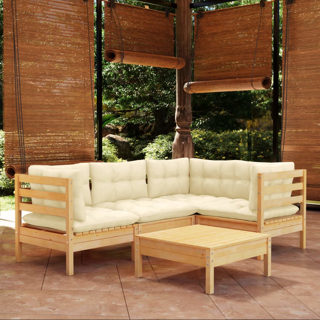 Set Salotto da Giardino 5pz con Cuscini Crema in Legno di Pino