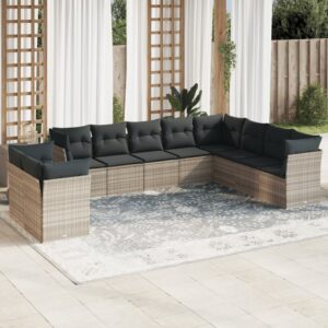 Set Divano Giardino 10 pz con Cuscini Grigio Chiaro Polyrattan