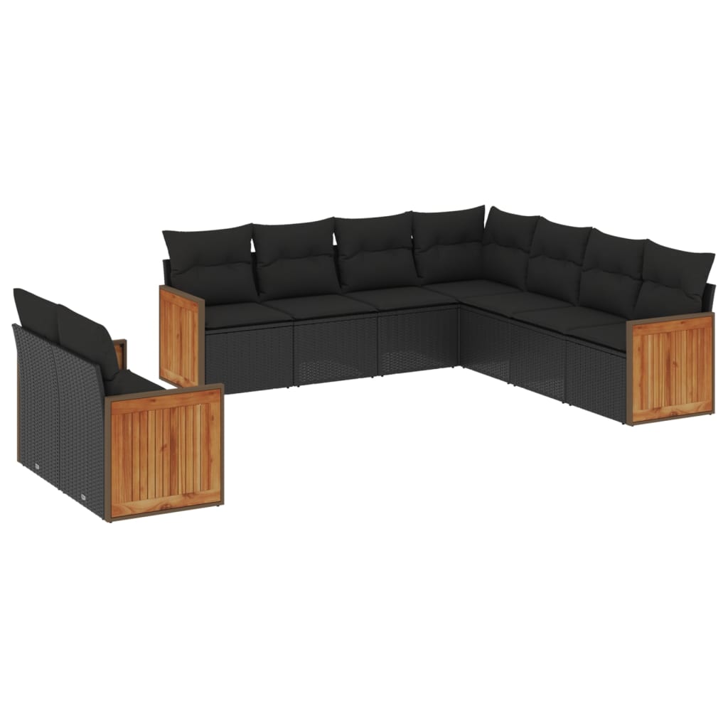 Set Divani da Giardino 9 pz con Cuscini Nero in Polyrattan - immagine 2