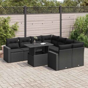 Set Divani da Giardino 9 pz con Cuscini Nero in Polyrattan