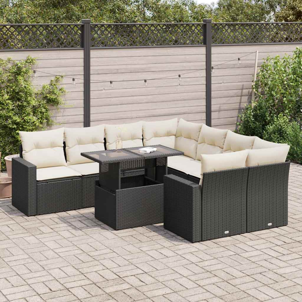 Set Divani da Giardino 9 pz con Cuscini Nero in Polyrattan