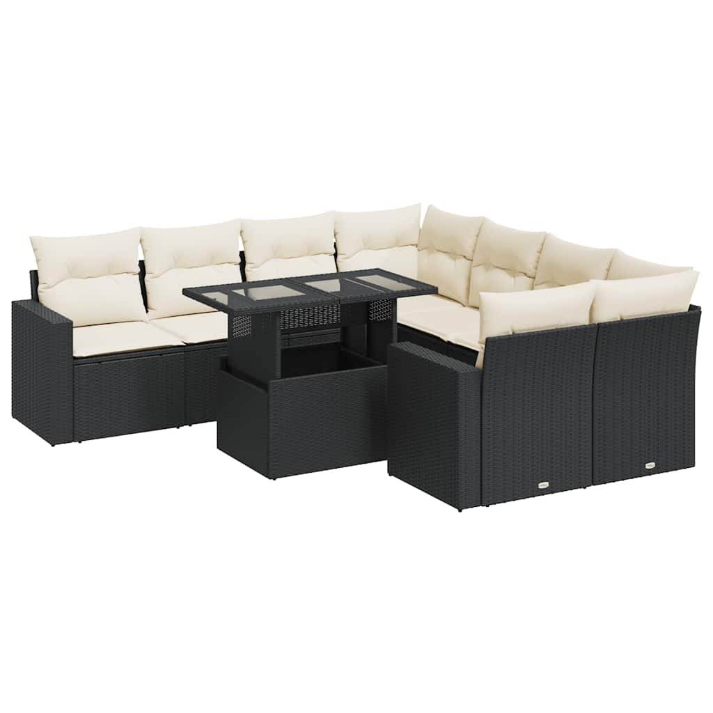 Set Divani da Giardino 9 pz con Cuscini Nero in Polyrattan - immagine 2