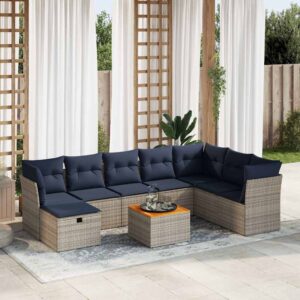 Set Divano da Giardino 9 pz con Cuscini Grigio in Polyrattan