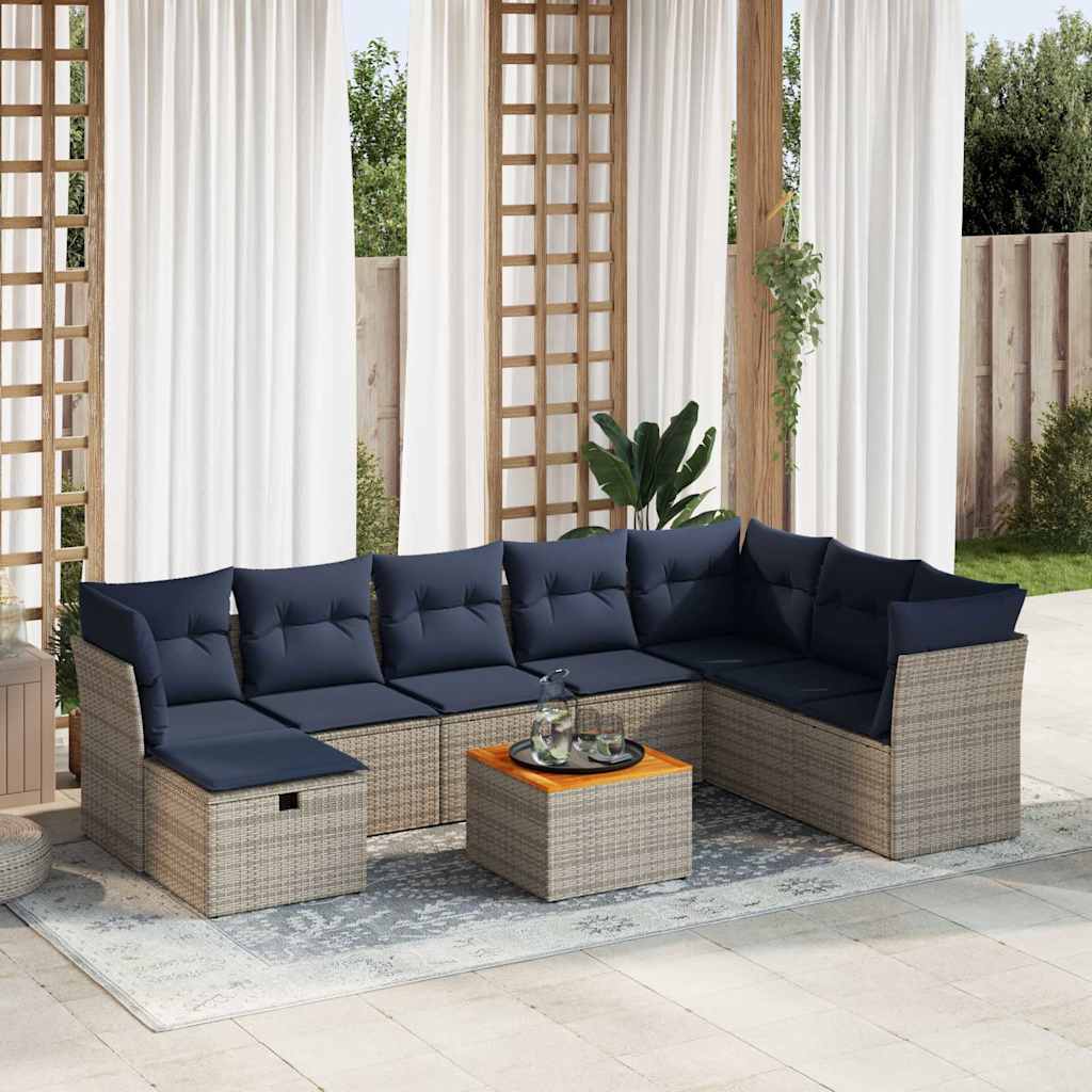Set Divano da Giardino 9 pz con Cuscini Grigio in Polyrattan
