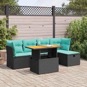 Set Divano da Giardino 6 pz con Cuscini Nero Polyrattan Acacia