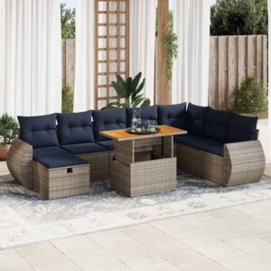 Set Divani da Giardino 9 pz con Cuscini Grigio Polyrattan Acacia