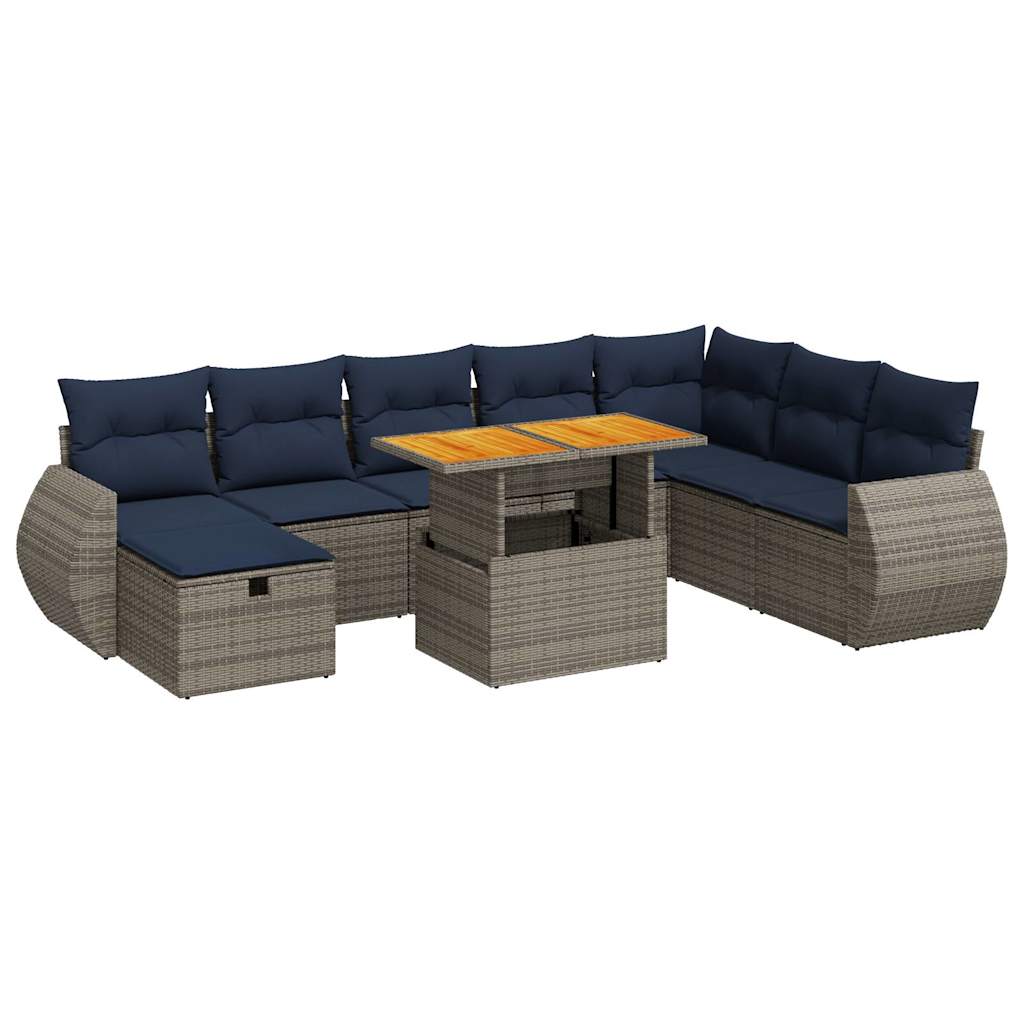 Set Divani da Giardino 9 pz con Cuscini Grigio Polyrattan Acacia - immagine 2