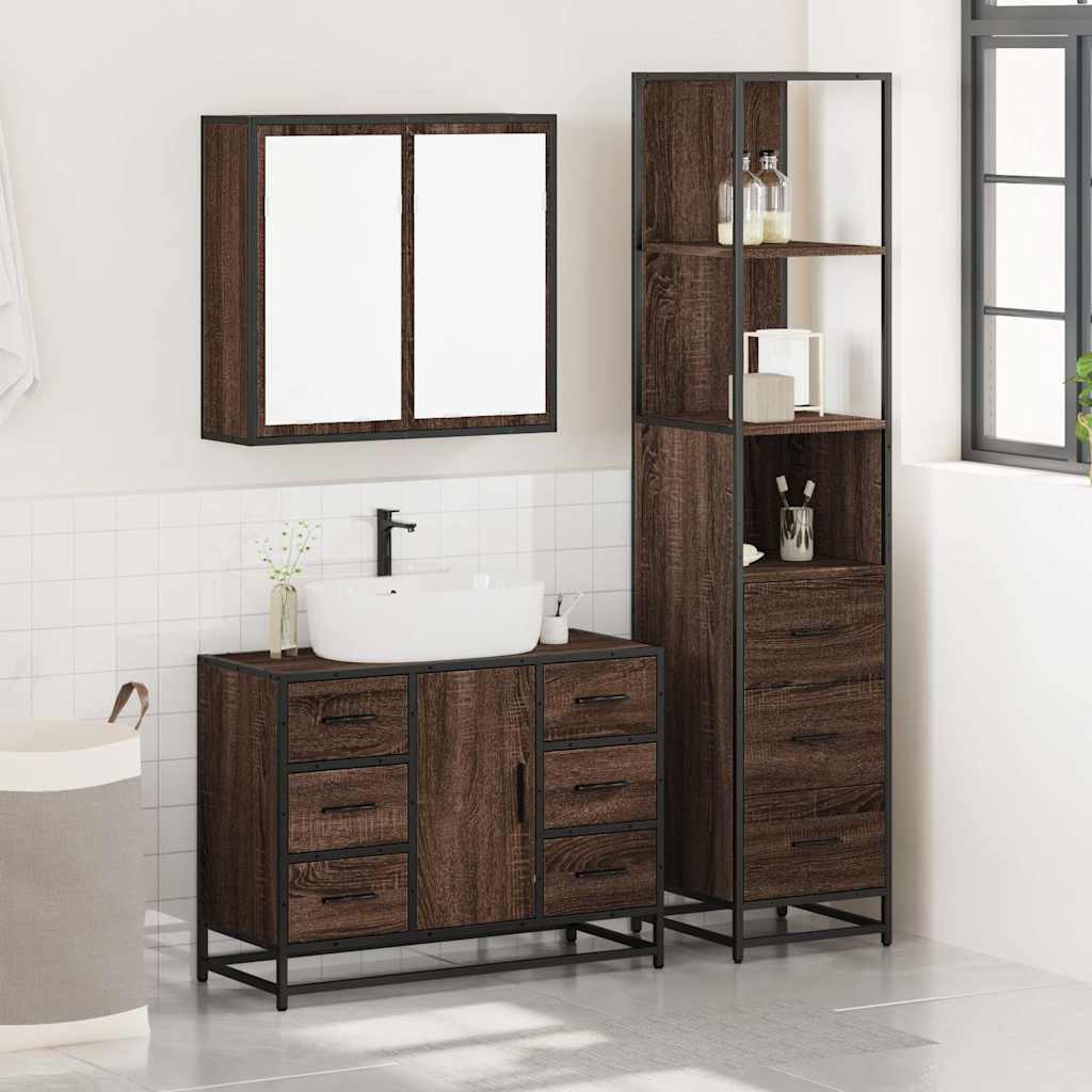 Set Mobili da Bagno 3 pz Rovere Marrone in Legno Multistrato - immagine 3