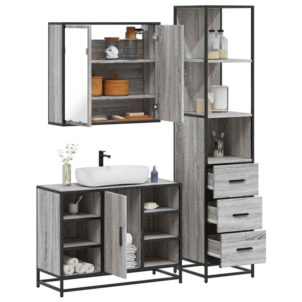 Set Mobili da Bagno 3 pz Grigio Sonoma in Legno Multistrato