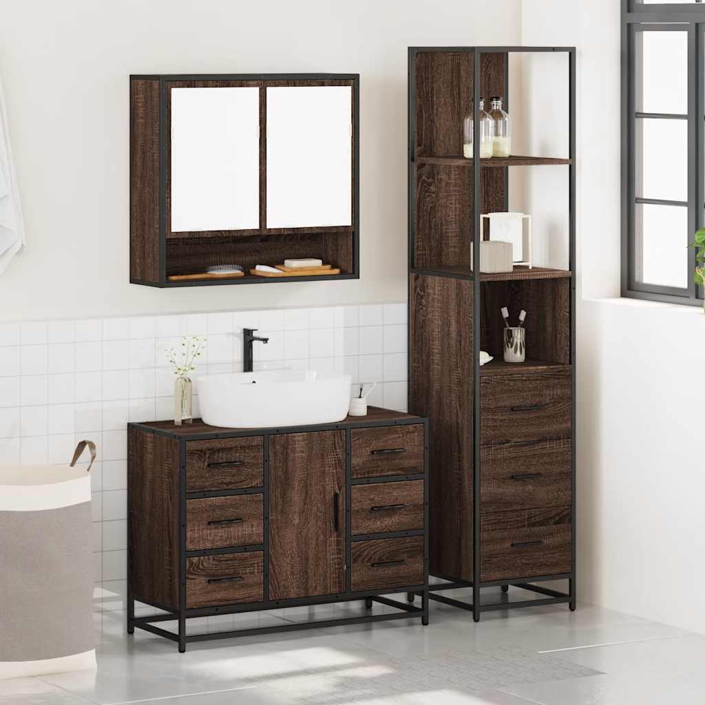Set Mobili da Bagno 3 pz Rovere Marrone in Legno Multistrato - immagine 3