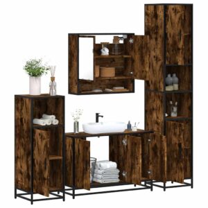 Set Mobili da Bagno 4 pz Rovere Fumo in Legno Multistrato