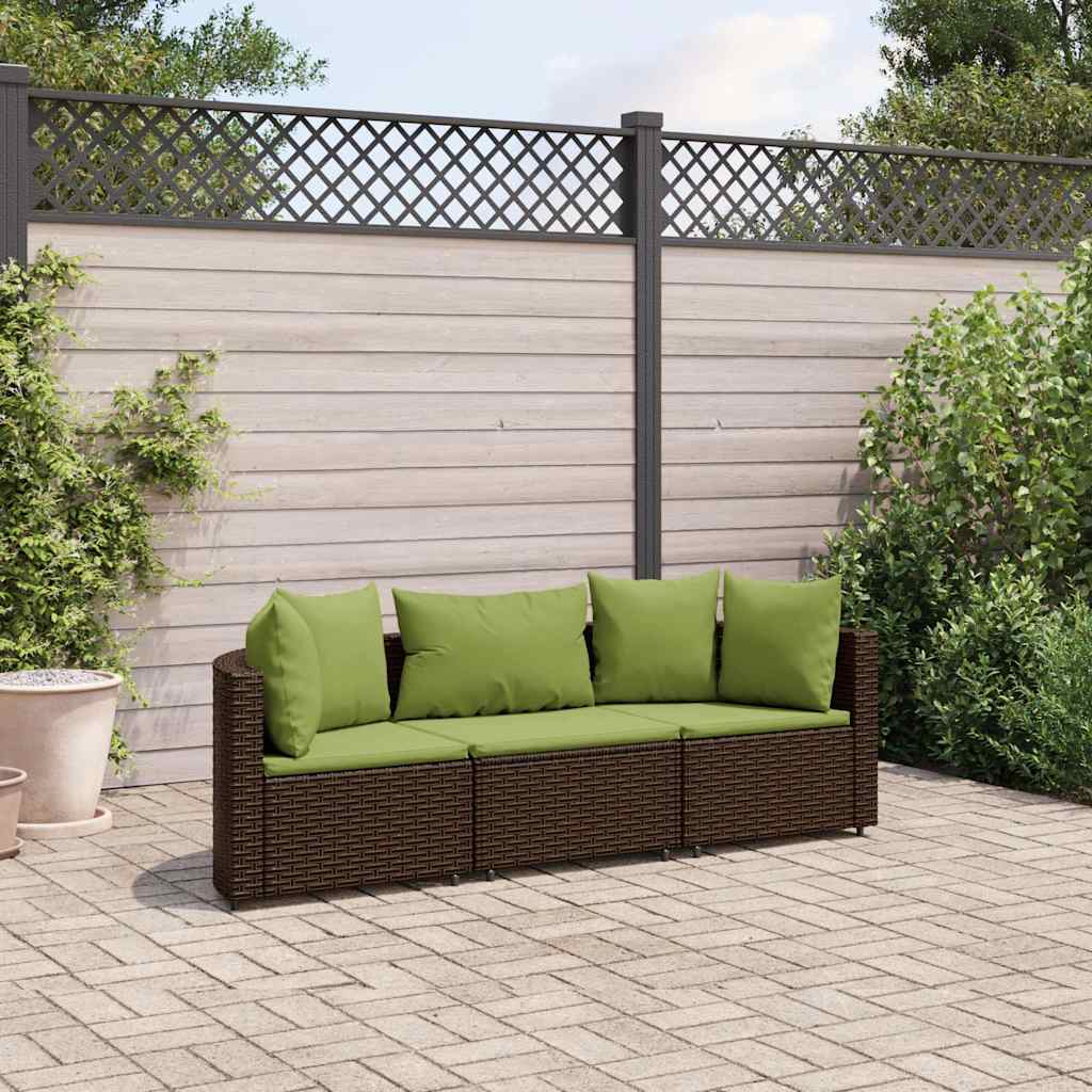 Set Divano da Giardino 3 pz con Cuscini Marrone in Polyrattan