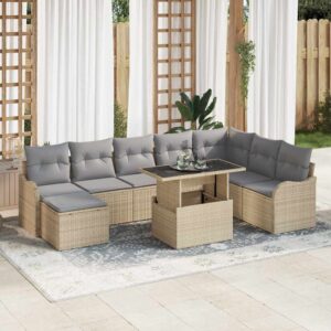 Set Divano da Giardino con cuscino 9 pcs Beige Poly Rattan