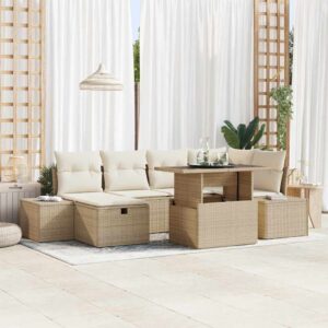 Set Divano da Giardino con cuscino 7 pcs Beige Poly Rattan