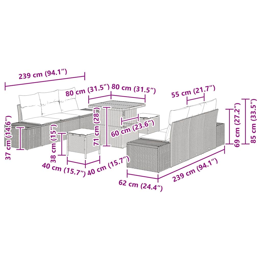 Set Divano da Giardino con cuscino 9 pcs Grigio Poly Rattan - immagine 9