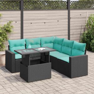 Set Divano da Giardino 6 pz con Cuscini Nero Polyrattan Acacia